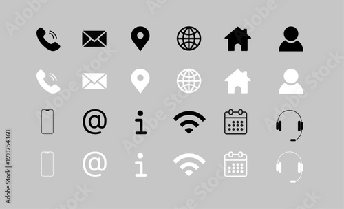 Contact icon vector set 2026. Phone, Call, Email, Address, Website, Fax, Mobile, Calendar, Chat icons. Social media icons.