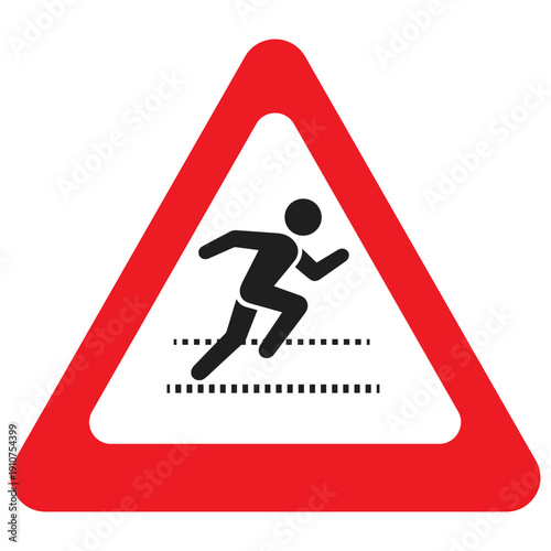A  triangular warning sign icon featuring a silhouette illustration of a person walking indicates a pedestrian crossing for road safety