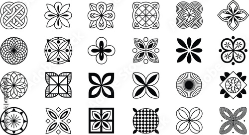 Vector illustration featuring twenty‑five unique black and white geometric and floral symmetrical patterns arranged in grid, including petals, spirals, lattice, abstract design elements
