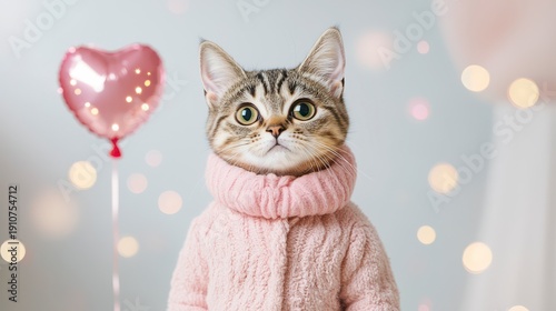 Wallpaper Mural A tabby cat wearing a pink knitted sweater with a heart-shaped balloon in the background and soft bokeh lights. Torontodigital.ca