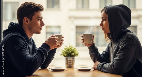 Couple enjoying coffee together at a table, looking at each other