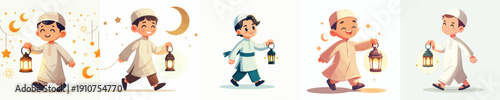 vector little muslim boy walking holding ramadan lantern