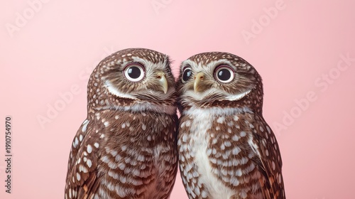 Wallpaper Mural Two small spotted owls closely perched side by side against a soft pink background. Torontodigital.ca