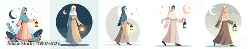vector muslim woman walking holding ramadan lantern