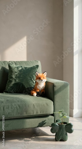 Cute fox plush on green sofa with sunlight and plants in minimalist living room