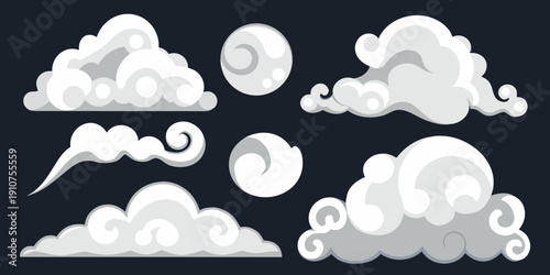 Stylized white clouds arranged against a dark navy blue background