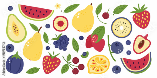 Colorful illustration of various sliced fruits and whole fruits arranged randomly