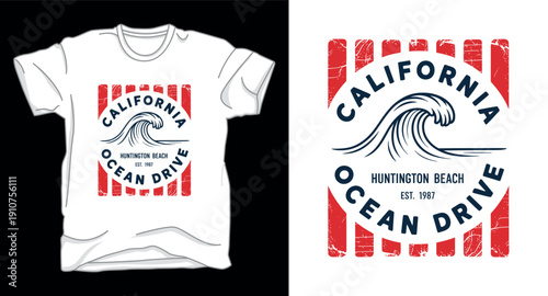California ocean drive surfing wave typography graphic design t shirt