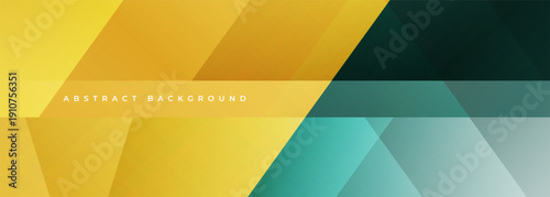 Vibrant yellow and teal geometric layers abstract background creating energetic corporate tech atmosphere with smooth gradients, overlapping polygons, subtle diagonal accents and glossy highlights,