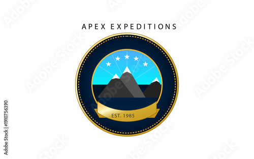 Apex Expeditions Mountain Circle Badge Black Flat Vector Illustration Adventure Outdoor Emblem Seal Logo Design