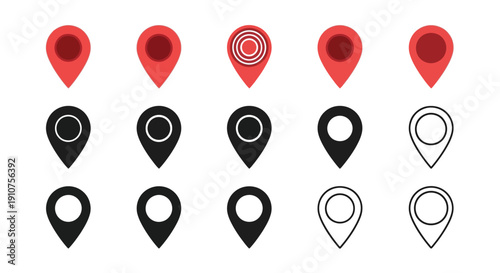Collection of various map marker icons showing different styles including solid red filled pins black solid shapes and simple outline versions for navigation interfaces
