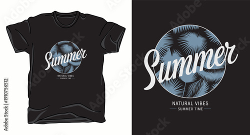 Summer natural vibes tshirt design with palm leaf circle pattern and script typography