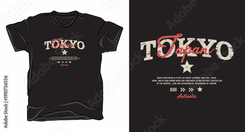 Vintage Tokyo Japan streetwear tshirt design with grunge typography and star graphic on black background