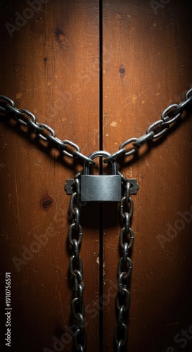 A heavy wooden door is completely sealed shut with thick metal chains and a large padlock, signifying forbidden access and prevention ,gate ,blocked ,padlock