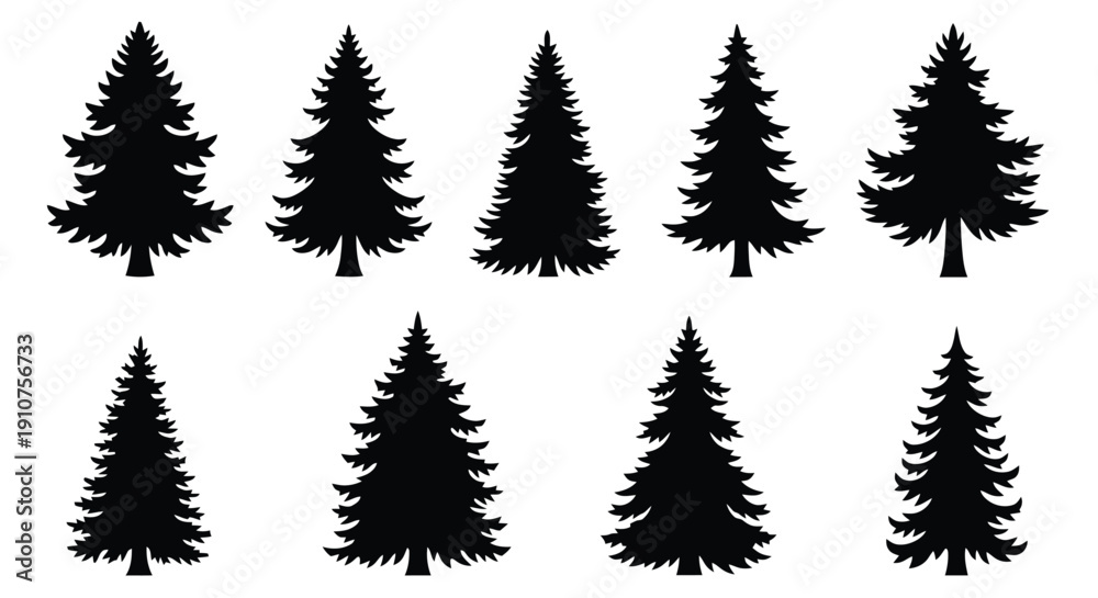 Fototapeta premium Collection of Black Silhouette Evergreen Pine Trees.