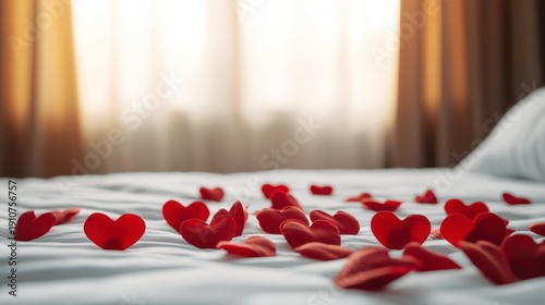Wallpaper Mural Red heart-shaped petals scattered on a white bed with soft natural light coming through curtains in the background. Torontodigital.ca