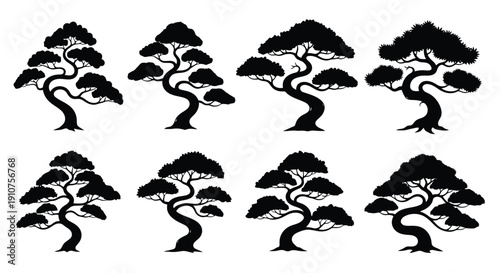 Collection of Stylized Bonsai Tree Silhouettes.