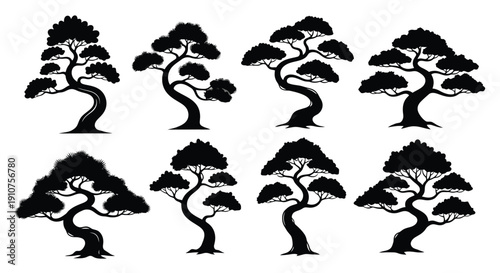 Collection of Stylized Bonsai Tree Silhouettes.