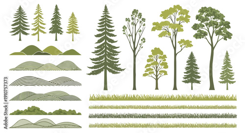 Collection of Diverse Forest Trees and Rolling Hills Graphics.