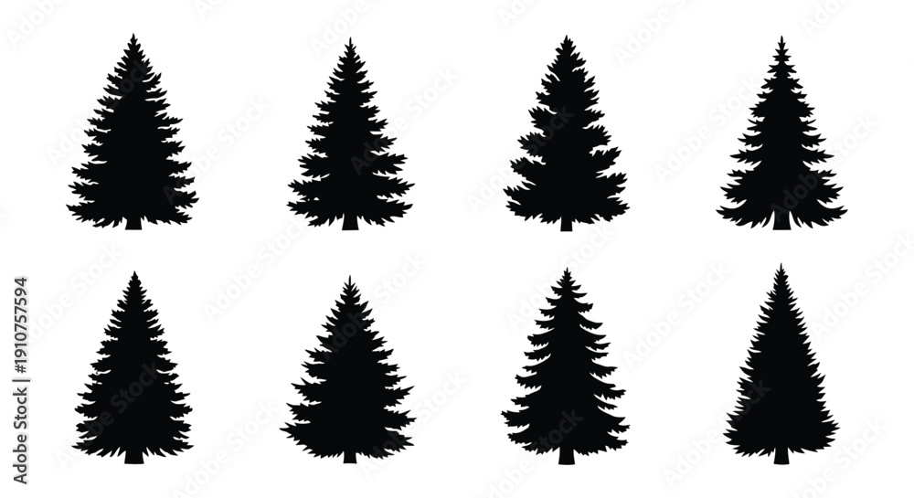 Obraz premium Collection of Eight Black Silhouette Christmas Trees.