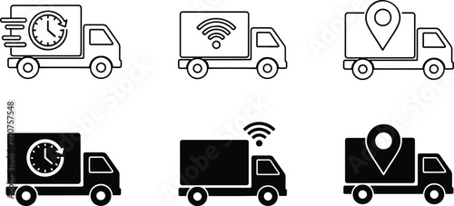 Set of vector silhouette design delivery truck icons with gps wi fi and location symbols bundle