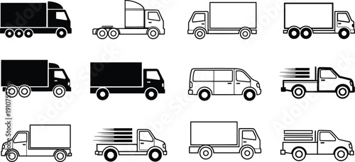 Set of vector silhouette design truck icons bundle delivery transportation vehicles