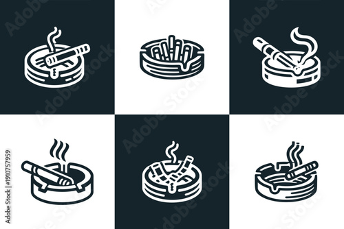 Icon Set Vector of 6 Ashtray Smoking Tobacco Vice Line Icons