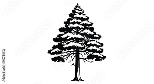 Detailed Black and White Illustration of a Tall Evergreen Tree.