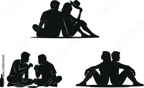 Couple silhouette vector set featuring romantic dating scenes, man and woman sitting together, picnic date, and sharing drinks outdoor illustration.