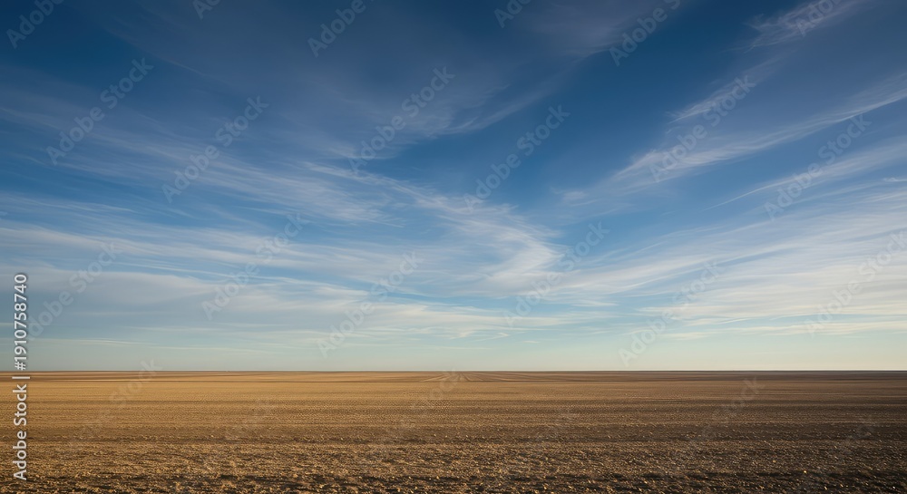 Fototapeta premium A wide, sweeping vista showcasing the distant line where the immense sky meets the flat, empty plain below, suggesting freedom and space ,boundary ,space ,vista