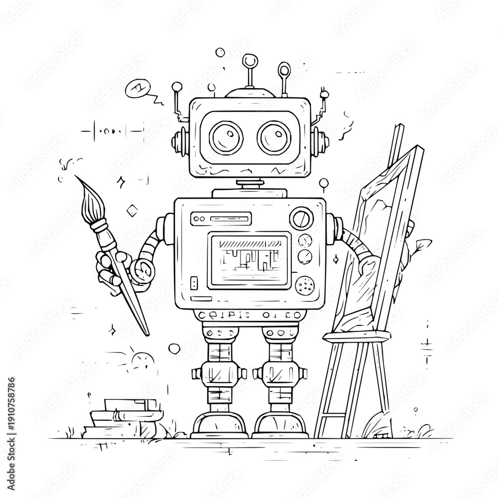 Obraz premium Robot artist painting on canvas with brush and easel creative technology concept