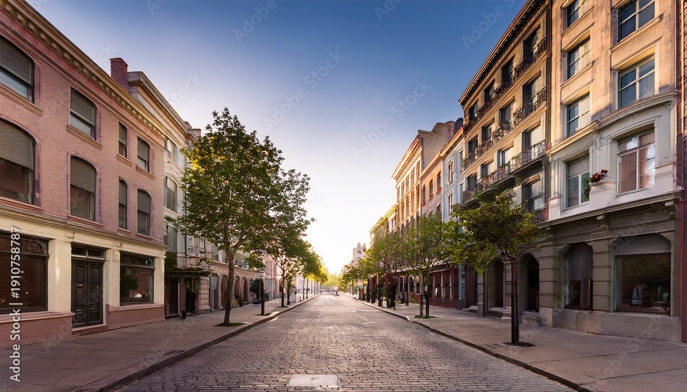 Obraz premium an empty city street lined with classic urban architecture emphasizing the quiet charm of a bustling cityscape now still and picturesque in the morning light