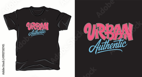 Urban authentic typography t-shirt design, bold pink lettering, cursive blue font, streetwear aesthetic