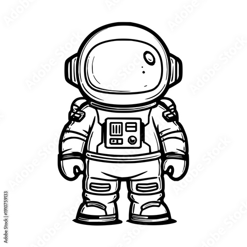 Astronaut in space suit standing alone in black and white illustration with helmet and control panel