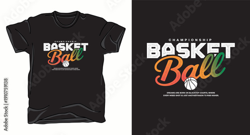 Modern basketball championship typographic t-shirt design with distressed color gradient lettering
