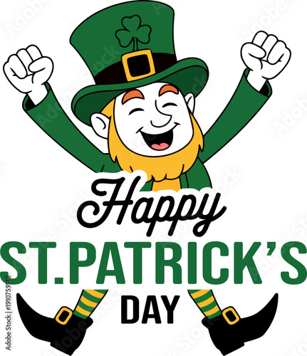 Happy St. Patrick's Day Leprechaun Mascot Cartoon Vector Illustration Isolated White background ,Typography St Patrick's Day With Body Shamrock