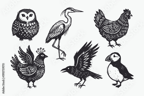 Vintage Linocut Black and White Bird Collection: Owl, Heron, Chicken, Crow, and Puffin
