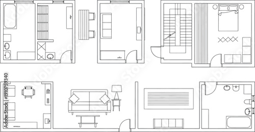 A set of architectural floor plans for a modern home isolated on transparent background