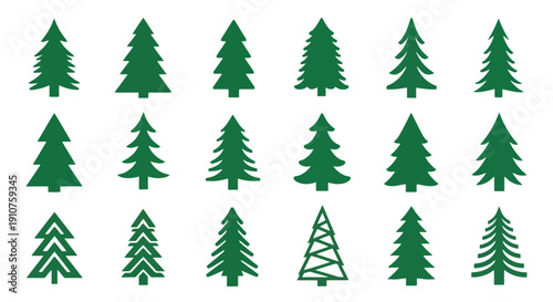 Collection of Diverse Green Christmas Tree Icons.