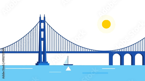 Suspension Bridge with Sailboat and Sun.