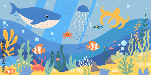 Colorful cartoon illustration of underwater marine life including whales and jellyfish