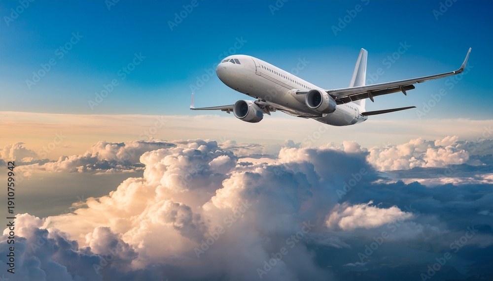 Obraz premium a commercial airplane soaring high amidst scattered fluffy clouds symbolizing travel and adventure portrayed with soft hues and a sense of freedom and exploration