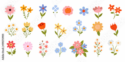 Colorful collection of stylized floral illustrations arranged in neat rows