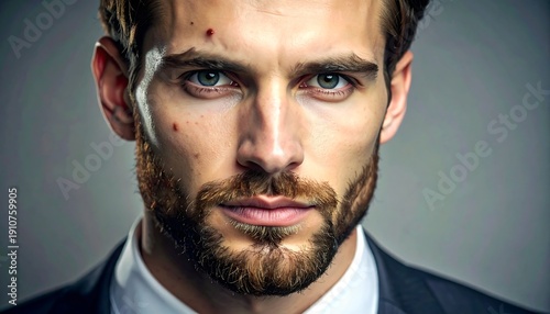 Intense gaze of a confident man with a determined expression.