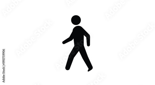 Simple black pictogram silhouette figure walking forward representing pedestrian movement or navigation isolated against a stark white background for universal signage application