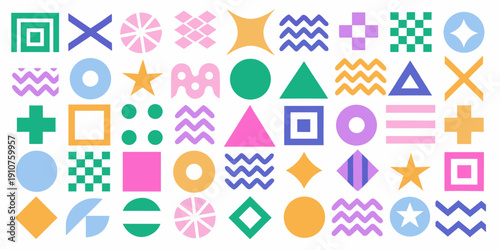 Colorful geometric shapes arranged in a repeating playful pattern