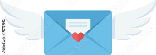 A blue envelope with white wings and a red heart, symbolizing love and affection, viewed from the front