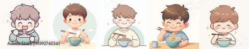 Vector Illustration of a Boy Eating Noodles