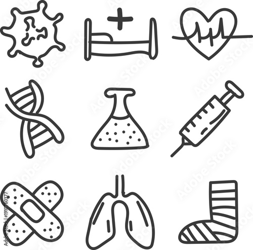 Hand Drawn Healthcare and Medical Icons Set  Vector Illustration