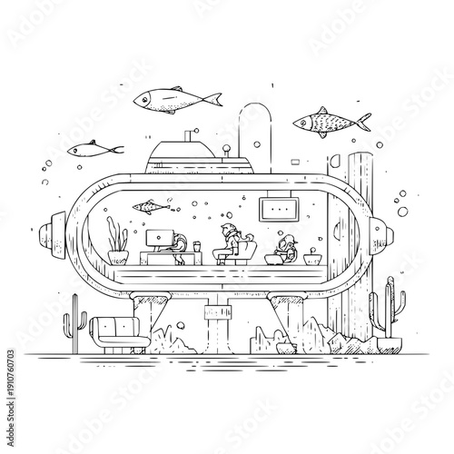Underwater habitat with people inside a submarine house surrounded by fish and sea life ocean exploration concept